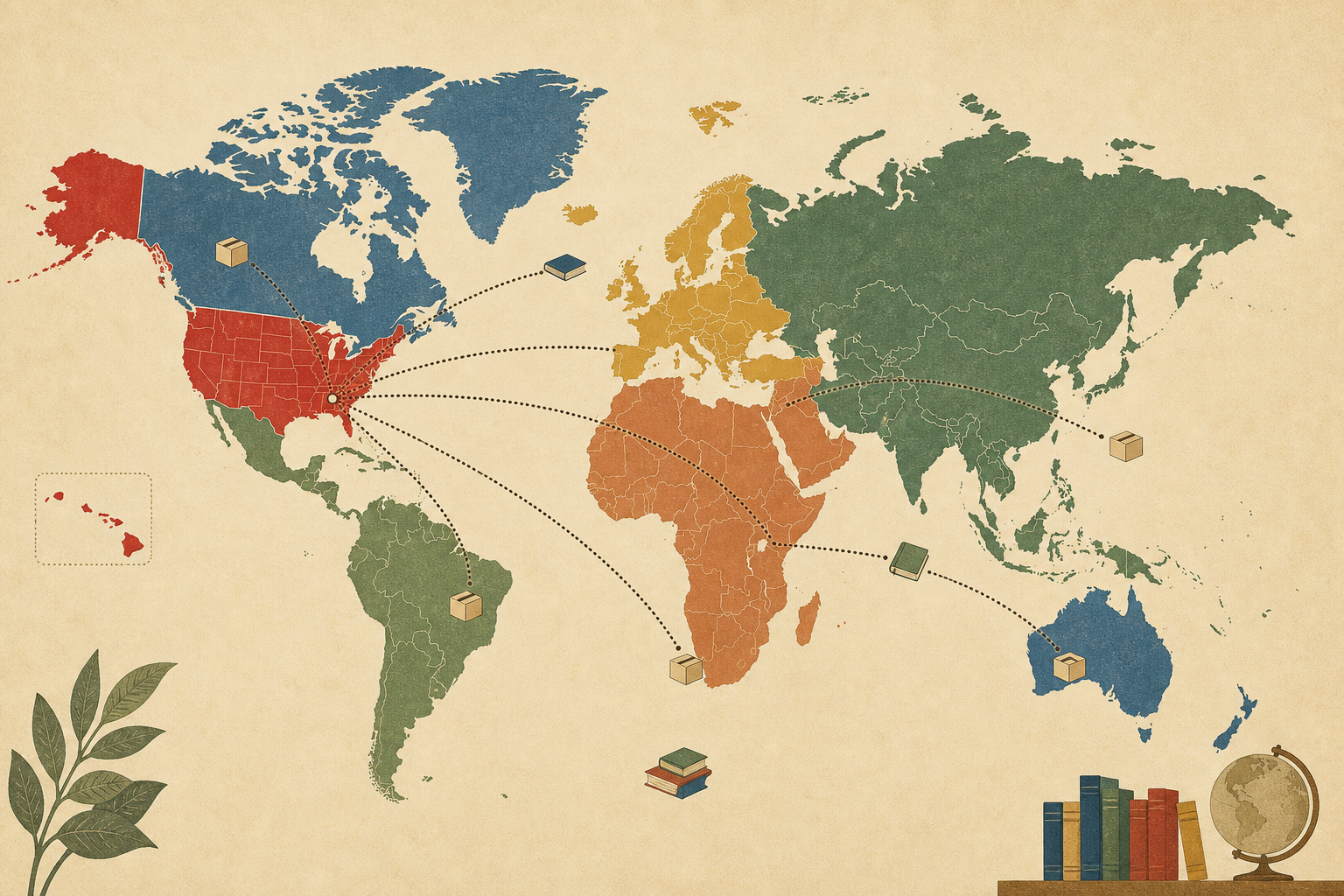 Illustrated map representing Books Worldwide distribution reach